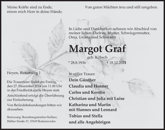 Traueranzeige von Margot Graf von Deister- und Weserzeitung