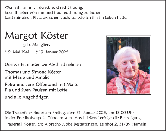 Traueranzeige von Margot Köster von Deister- und Weserzeitung