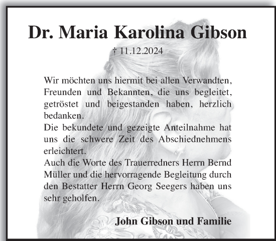 Traueranzeige von Maria  Gibson von Deister- und Weserzeitung