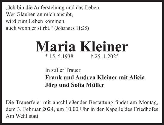 Traueranzeige von Maria Kleiner von Deister- und Weserzeitung