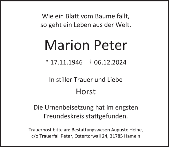 Traueranzeige von Marion Peter von Deister- und Weserzeitung