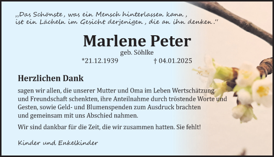 Traueranzeige von Marlene Peter von Deister- und Weserzeitung