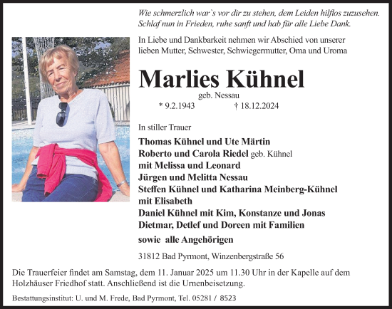 Traueranzeige von Marlies Kühnel von Deister- und Weserzeitung