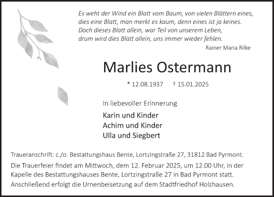 Traueranzeige von Marlies Ostermann von Deister- und Weserzeitung