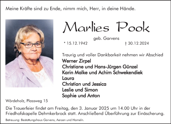 Traueranzeige von Marlies Pook von Deister- und Weserzeitung