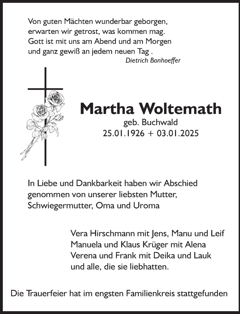  Traueranzeige für Martha Woltemath vom 17.01.2025 aus Deister- und Weserzeitung