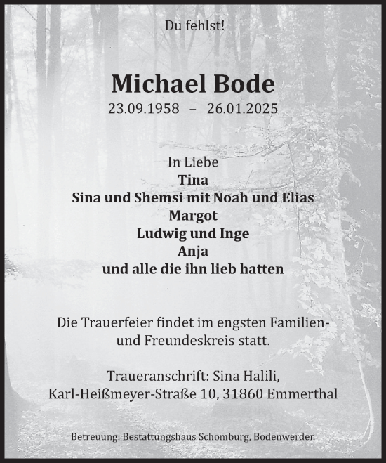 Traueranzeige von Michael Bode von Deister- und Weserzeitung