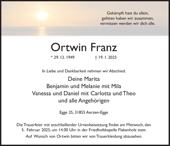 Traueranzeige von Ortwin Franz von Deister- und Weserzeitung