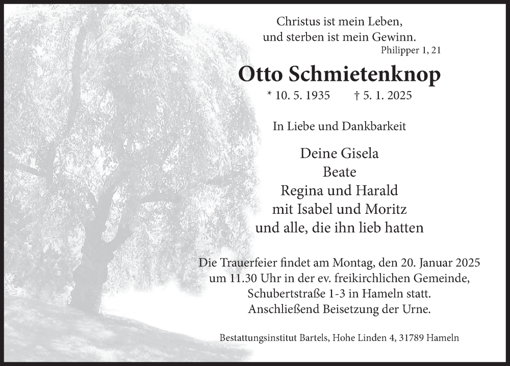  Traueranzeige für Otto Schmietenknop vom 11.01.2025 aus Deister- und Weserzeitung