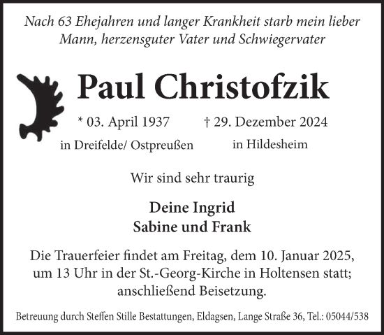 Traueranzeige von Paul Christofzik von Neue Deister-Zeitung