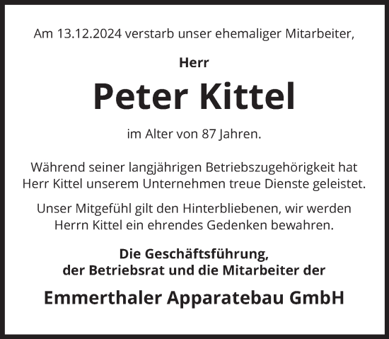 Traueranzeige von Peter Kittel von Deister- und Weserzeitung