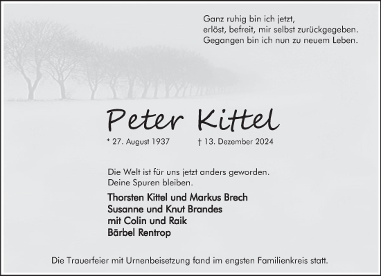 Traueranzeige von Peter Kittel von Deister- und Weserzeitung