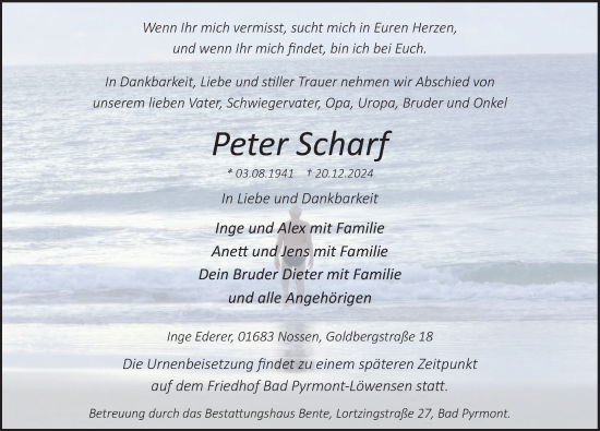 Traueranzeige von Peter Scharf von Deister- und Weserzeitung