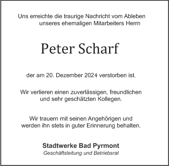 Traueranzeige von Peter Scharf von Deister- und Weserzeitung