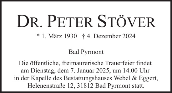 Traueranzeige von Peter Stöver von Deister- und Weserzeitung