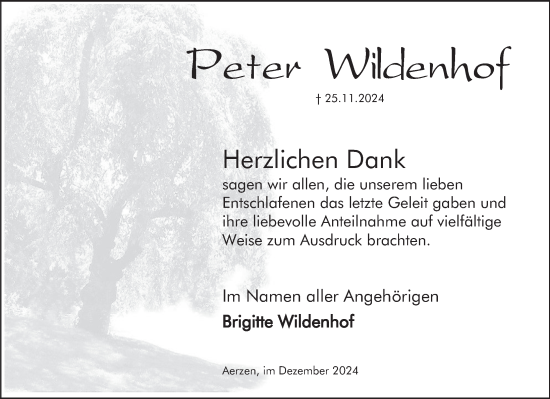 Traueranzeige von Peter Wildenhof von Deister- und Weserzeitung