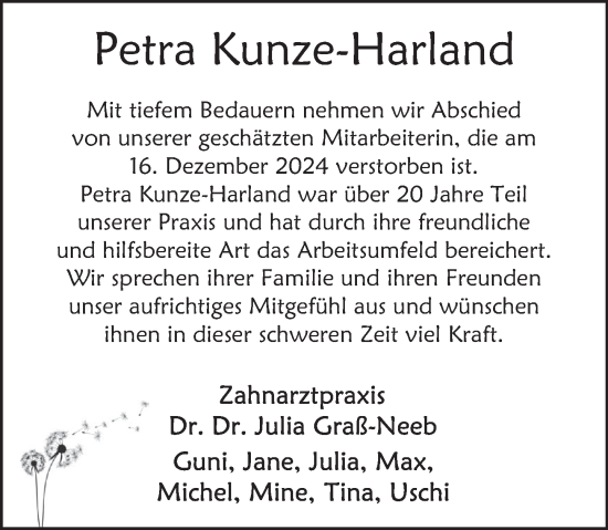 Traueranzeige von Petra Kunze-Harland von Deister- und Weserzeitung