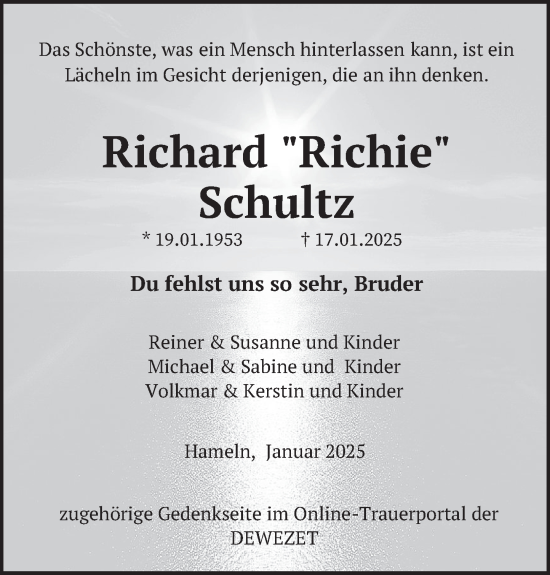 Traueranzeige von Richard Schultz von Deister- und Weserzeitung