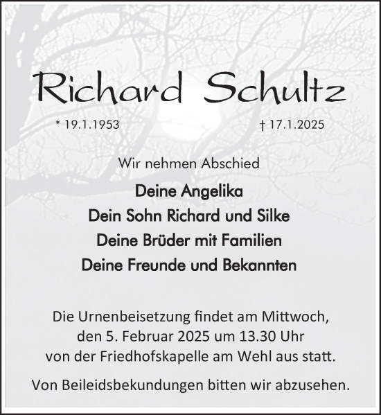 Traueranzeige von Richard Schultz von Deister- und Weserzeitung