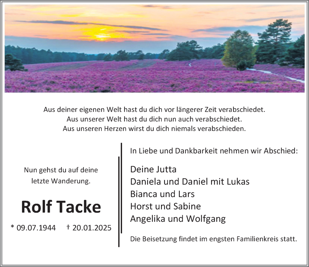  Traueranzeige für Rolf Tacke vom 01.02.2025 aus Deister- und Weserzeitung