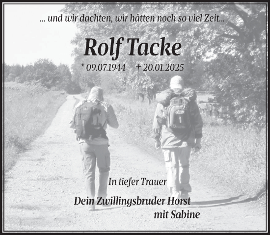 Traueranzeige von Rolf Tacke von Deister- und Weserzeitung