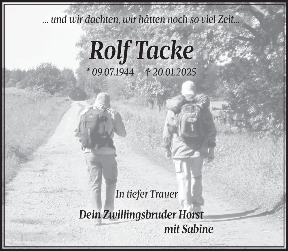  Traueranzeige für Rolf Tacke vom 01.02.2025 aus Deister- und Weserzeitung