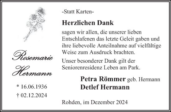 Traueranzeige von Rosemarie Hermann von Deister- und Weserzeitung
