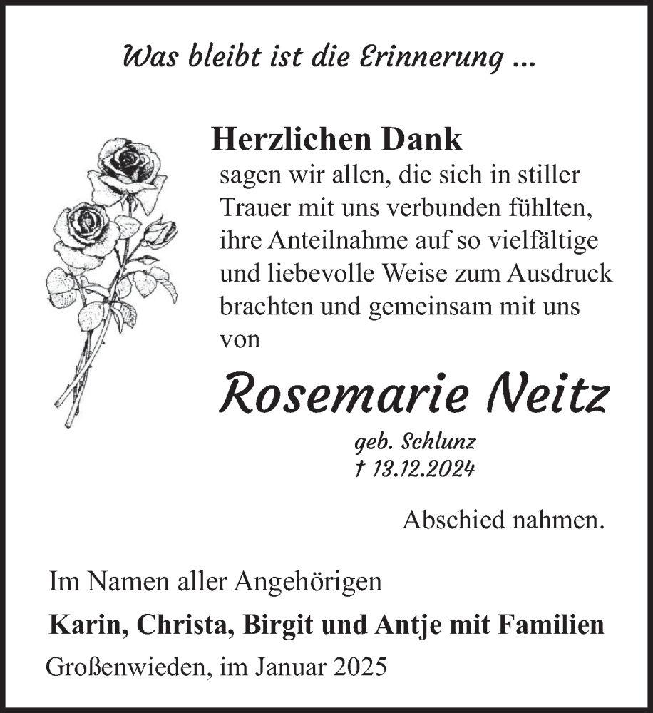  Traueranzeige für Rosemarie Neitz vom 11.01.2025 aus Deister- und Weserzeitung