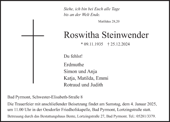 Traueranzeige von Roswitha Steinwender von Deister- und Weserzeitung