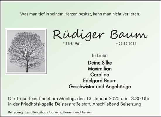 Traueranzeige von Rüdiger Baum von Deister- und Weserzeitung