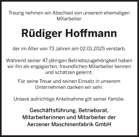 Traueranzeige von Rüdiger Hoffmann von Deister- und Weserzeitung