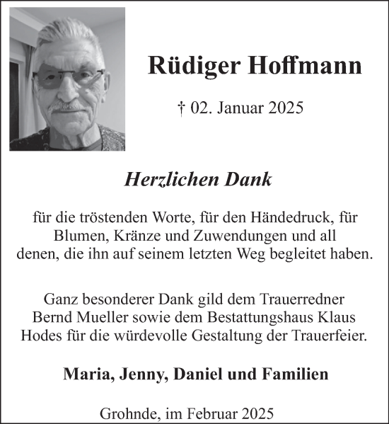 Traueranzeige von Rüdiger Hoffmann von Deister- und Weserzeitung