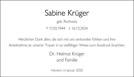 Traueranzeige von Sabine Krüger von Deister- und Weserzeitung