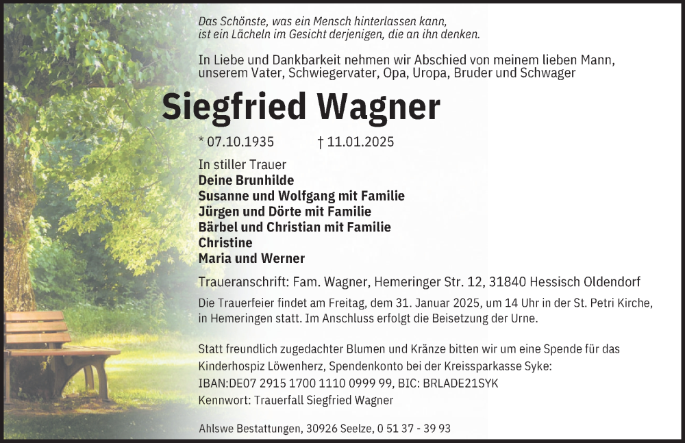  Traueranzeige für Siegfried Wagner vom 25.01.2025 aus Deister- und Weserzeitung