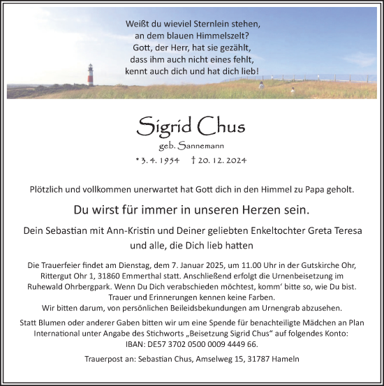 Traueranzeige von Sigrid Chus von Deister- und Weserzeitung