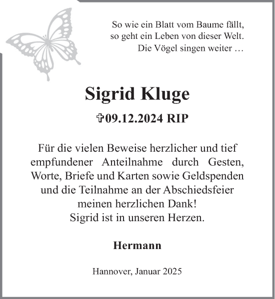 Traueranzeige von Sigrid Kluge von Deister- und Weserzeitung