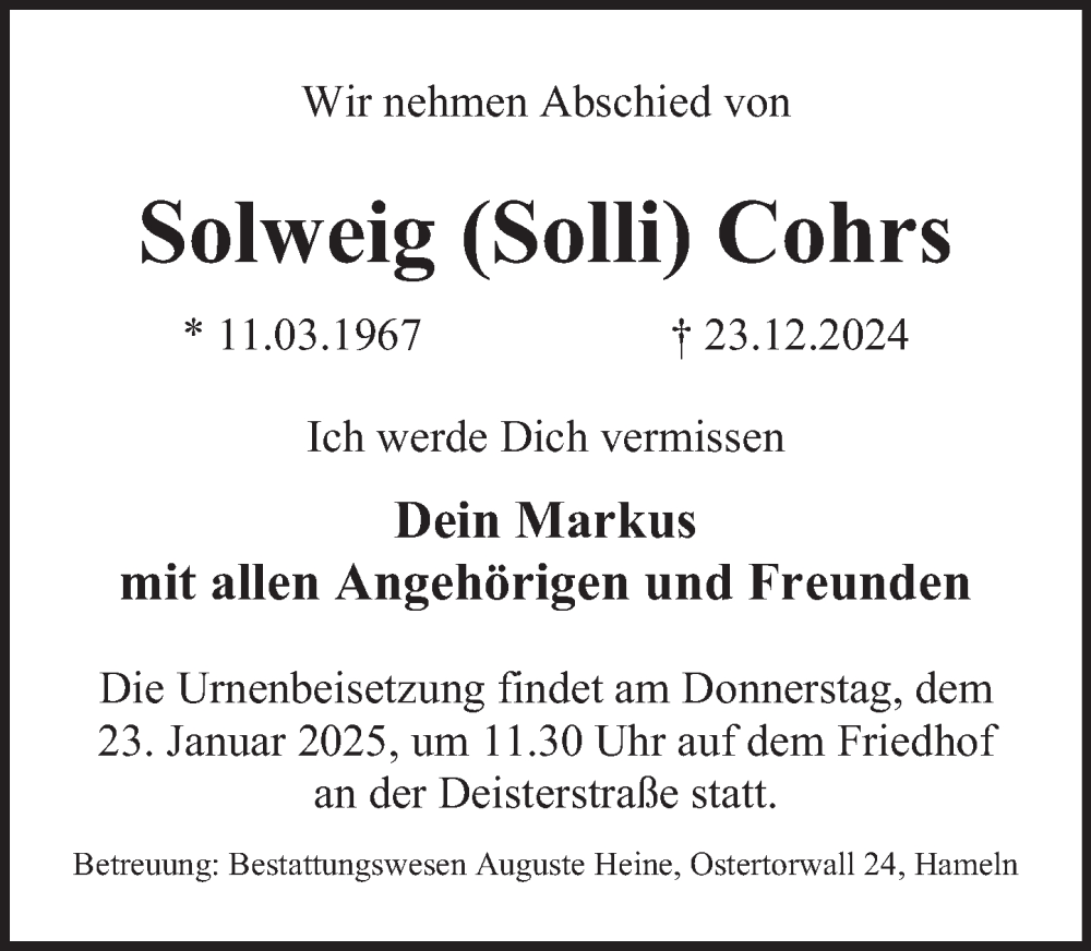  Traueranzeige für Solweig Cohrs vom 20.01.2025 aus Deister- und Weserzeitung