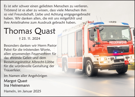 Traueranzeige von Thomas Quast von Deister- und Weserzeitung