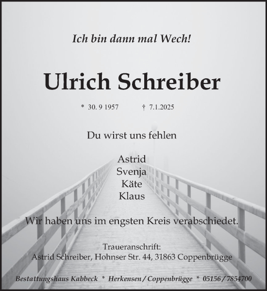 Traueranzeige von Ulrich Schreiber von Deister- und Weserzeitung