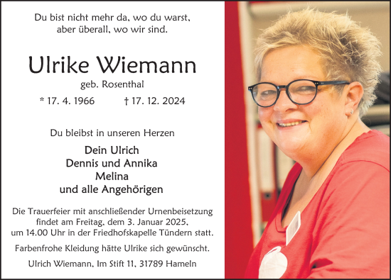 Traueranzeige von Ulrike Wiemann von Deister- und Weserzeitung