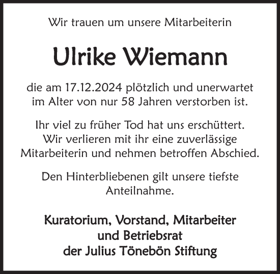 Traueranzeige von Ulrike Wiemann von Deister- und Weserzeitung