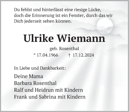 Traueranzeige von Ulrike Wiemann von Deister- und Weserzeitung