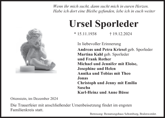 Traueranzeige von Ursel Sporleder von Deister- und Weserzeitung