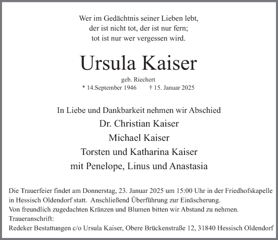 Traueranzeige von Ursula Kaiser von Deister- und Weserzeitung