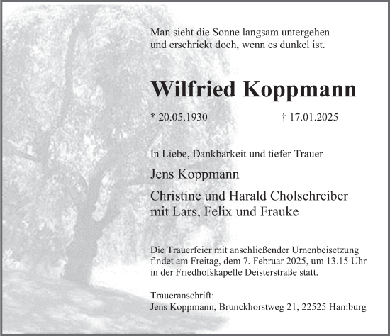 Traueranzeige von Wilfried Koppmann von Deister- und Weserzeitung