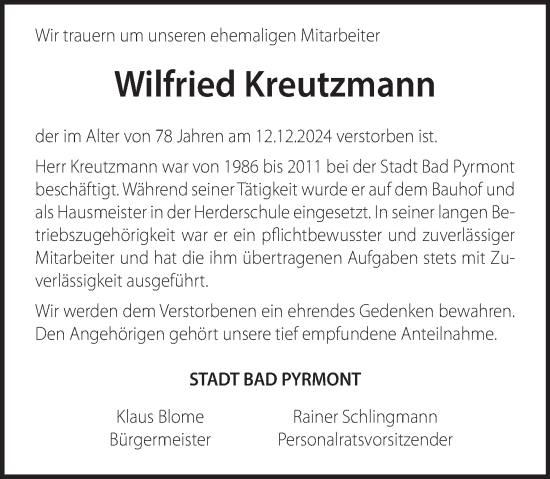 Traueranzeige von Wilfried Kreutzmann von Deister- und Weserzeitung