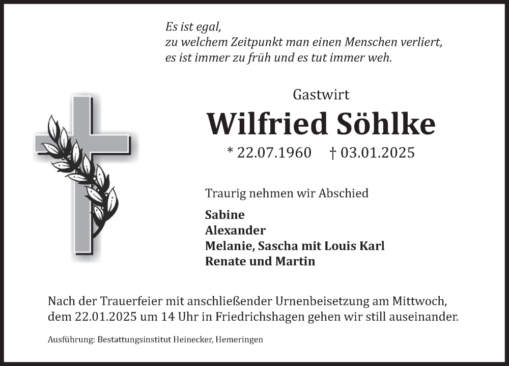  Traueranzeige für Wilfried Söhlke vom 11.01.2025 aus Deister- und Weserzeitung