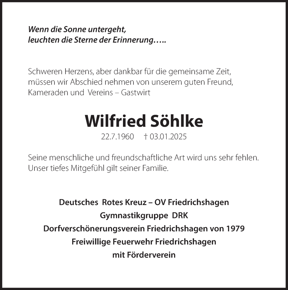  Traueranzeige für Wilfried Söhlke vom 11.01.2025 aus Deister- und Weserzeitung