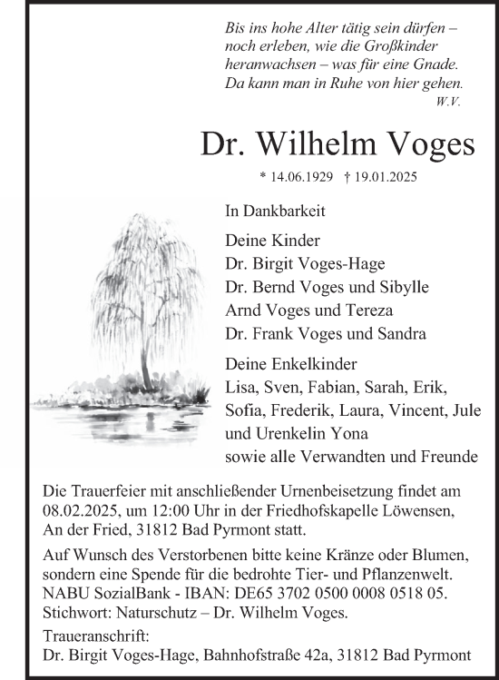 Traueranzeige von Wilhelm Voges von Deister- und Weserzeitung