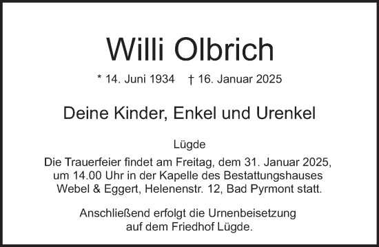 Traueranzeige von Willi Olbrich von Deister- und Weserzeitung